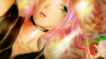 Картинка аниме naruto письмо зелёные глаза рука фото слёзы розовые волосы девушка кулон арт сакура харуно