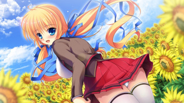 Картинка mikeou аниме подсолнухи лето хвостики ленты девочка