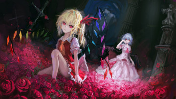 Картинка by+tuzki аниме touhou remilia scarlet flandre девушки демон крылья цветы розы крест замок