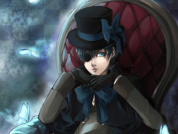 Обои картинки фото аниме, kuroshitsuji, сиэль, фантомхайв, кресло, шляпа, тёмный, дворецкий, банты, бабочки, взгляд