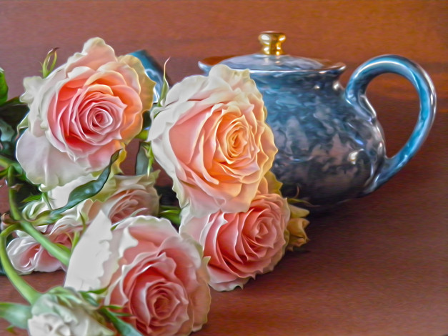 Обои картинки фото рисованные, цветы, чайник, розы