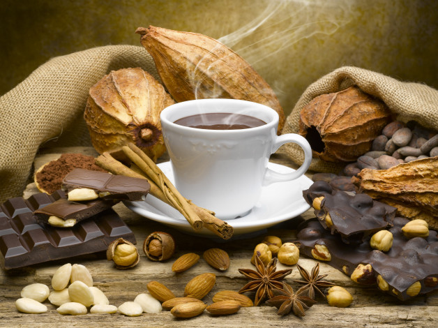 Обои картинки фото еда, кофе,  кофейные зёрна, дымок, кружка, орехи, корица, шоколад, напиток, бадьян