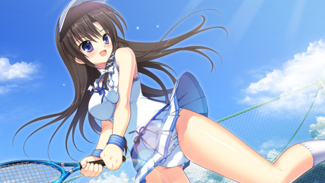 Обои картинки фото mikeou, аниме, девушка, akigase, nozomi, радость, бег, ракетка, теннис, спорт