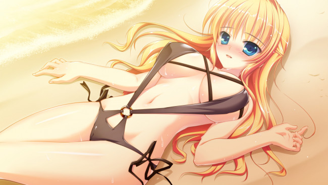 Обои картинки фото mikeou, аниме, девушка, kazamatsuri, koromo, смущение, поза, грудь, пляж, песок