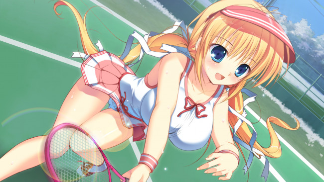 Обои картинки фото mikeou, аниме, девушка, kazamatsuri, mana, радость, жест, ракетка, спорт, теннис, корт