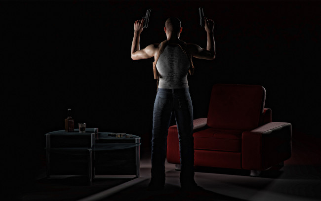 Обои картинки фото мужик, 3д графика, fantasy , фантазия, человек, оружие, диван, напиток