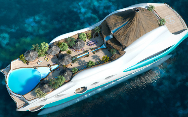 Обои картинки фото tropical island paradise - superyacht, корабли, 3d, остров, бунгало, бассейн, пальмы, вулкан, водопад, вода, тропический, суперяхта
