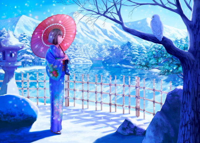 Обои картинки фото аниме, -merry chrismas & winter, горы, озеро, птица, зонт, дерево, кимоно, снег, пруд, забор, сова