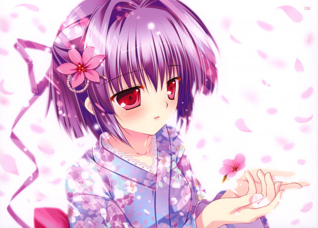 Обои картинки фото mikeou, аниме, девочка, лепестки, цветок, лента, для, волос