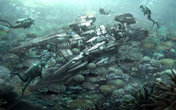 Картинка фэнтези космические+корабли +звездолеты +станции alien ship пришельцы дайвер аквалангист коралловые риф космический корабль дно кораллы море