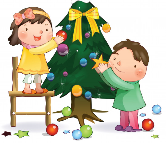 Обои картинки фото праздничные, векторная графика , новый год, взгляд, фон, стул, мальчик, украшение, елка, девочка