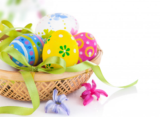 Обои картинки фото праздничные, пасха, бантик, корзина, яйца, праздник, egg, easter