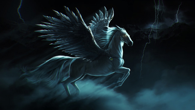 Обои картинки фото фэнтези, пегасы, молния, гроза, небо, крылья, лошадь, пегас, pegasus