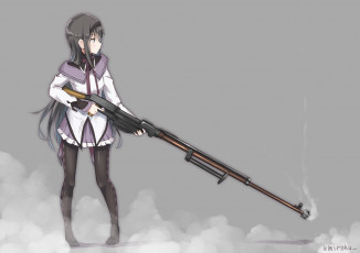Картинка mahou+shoujo+madoka+magika аниме девушка взгляд фон оружие