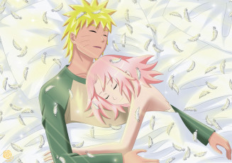 Картинка аниме naruto наруто сакура сон перья кровать