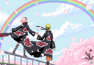 Картинка аниме naruto прогулка сакура наруто лепестки радуга свидание