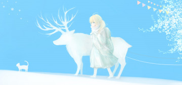 обоя аниме, зима,  новый год,  рождество, девочка, олень, кошка, снег