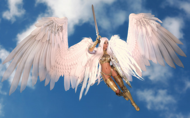 Обои картинки фото 3д графика, ангел , angel, меч, девушка, фон, крылья, латы