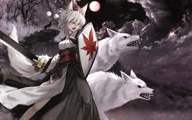 Обои картинки фото аниме, touhou, оружие, inubashiri, momiji, арт, волки, луна, cloudy-r, ночь, девушка, ушки, меч