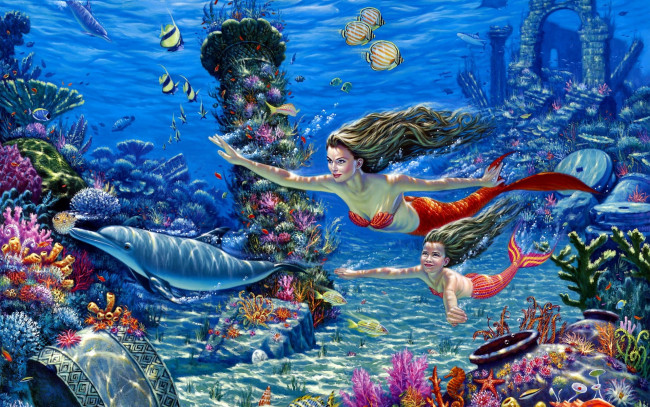 Обои картинки фото фэнтези, русалки, русалка, рыбы, дельфин, дочь, развалины, дно