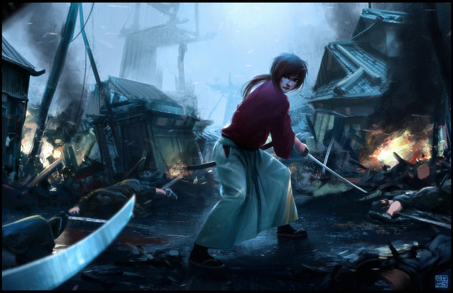 Обои картинки фото аниме, rurouni kenshin, мужчина, kenshin, himura, самурай, меч