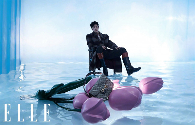 Обои картинки фото мужчины, xiao zhan, пальто, сапоги, сумка, цветы, лед