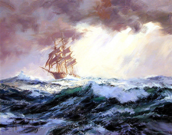 Обои картинки фото рисованное, montague dawson, корабль, парусник, море