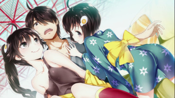Картинка аниме bakemonogatari araragi+karen araragi+tsukihi девушки форма кимоно заколка araragi+koyomi мужчина