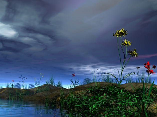 Обои картинки фото 3д, графика, nature, landscape, природа, вечер, облака, цветы
