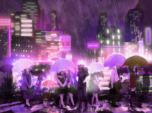 обоя аниме, tokyo ghoul, дождь, зонты, люди, город, kaneki, ken, tokyo, ghoul