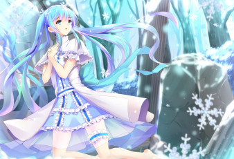 Картинка аниме vocaloid девушка hatsune miku плачет снежинки зима арт слёзы kurripu