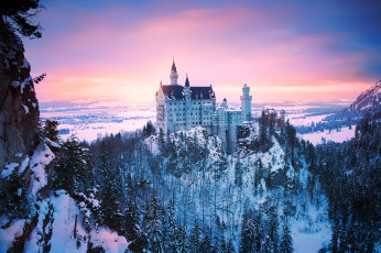 обоя города, замок нойшванштайн , германия, бавария, свет, снег, зима, замок, нойшванштайн