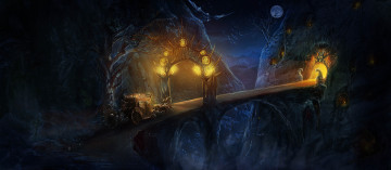 Картинка фэнтези иные+миры +иные+времена луна огни карета арт alexandra kuznetsova ночь мост кони горы
