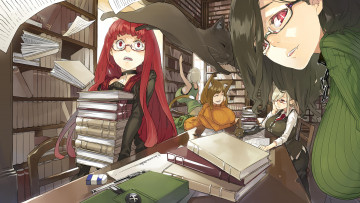 обоя аниме, животные,  существа, девушки, библиотека, книги, неко, muneneko