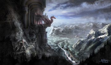 Картинка фэнтези пейзажи дракон скалы парень долина город замок горы арт