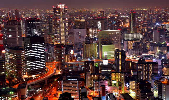 Обои картинки фото осака Япония, города, осака , Япония, осака, мегаполис, ночь, панорама, небоскребы0