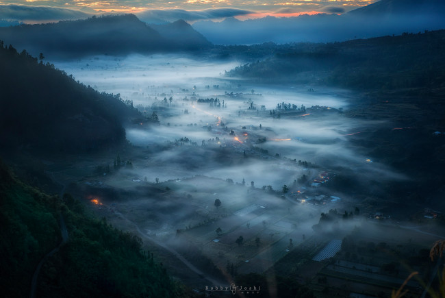 Обои картинки фото города, - пейзажи, долина, горы, утро, туман, остров, бали, индонезия