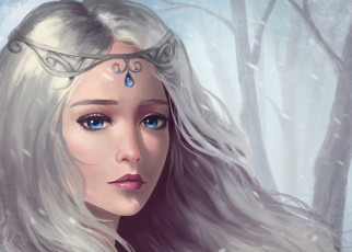Картинка фэнтези девушки фэнтази арт девушка взгляд грусть синие глаза волосы украшение снег