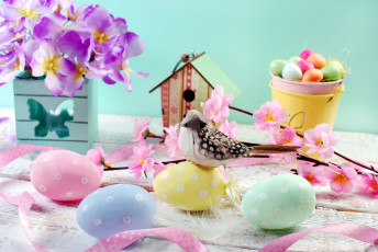 Картинка праздничные пасха птичка гнездо букет