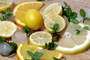 Картинка еда цитрусы лед лимоны мята