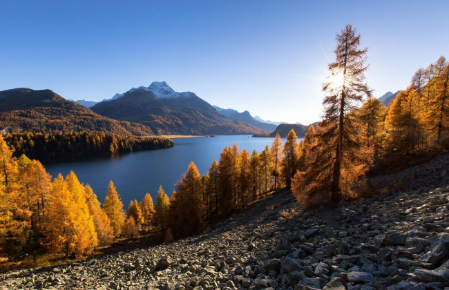 Обои картинки фото природа, реки, озера, озеро, осыпь, камни, осень, лес, деревья, горы