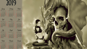 Картинка календари фэнтези дракон девушка череп