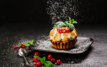 Картинка еда пирожные +кексы +печенье ягоды пирожное десерт сахарная пудра тарталетка клюква