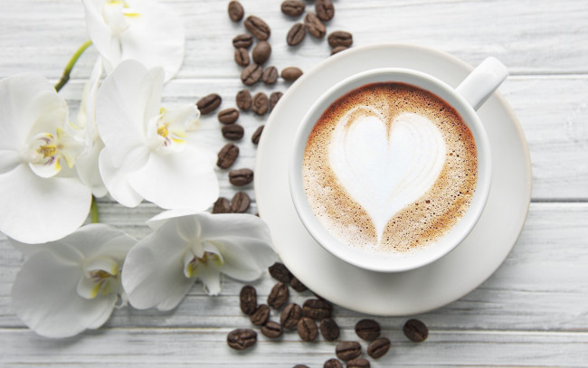 Обои картинки фото еда, кофе,  кофейные зёрна, сердце, чашка, белая, орхидея