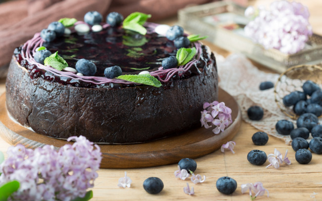 Обои картинки фото еда, торты, цветы, ягоды, черника, торт, чизкейк