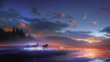 обоя рисованное, животные,  лошади, лошади, закат, горы, ручей