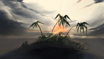 обоя 3д графика, природа , nature, пальмы, остров, туман, рассвет