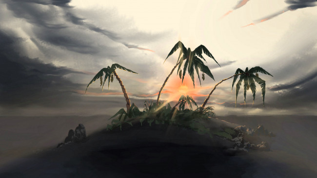 Обои картинки фото 3д графика, природа , nature, пальмы, остров, туман, рассвет