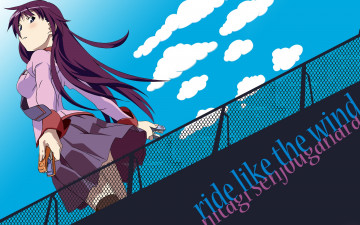 Картинка аниме bakemonogatari senjougahara+hitagi девушка форма инструменты степлер небо облака крыша ограждение