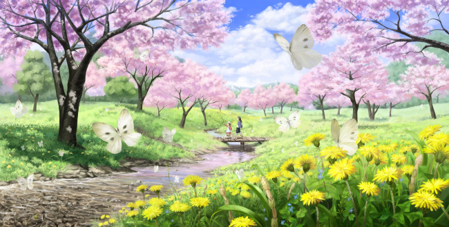 Обои картинки фото аниме, *unknown, другое, мост, ручей, сакура, цветы
